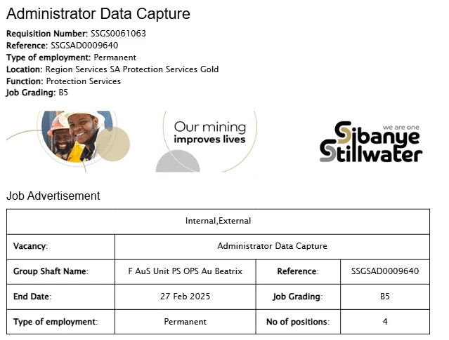 Sibanye's Data Capturer job Details